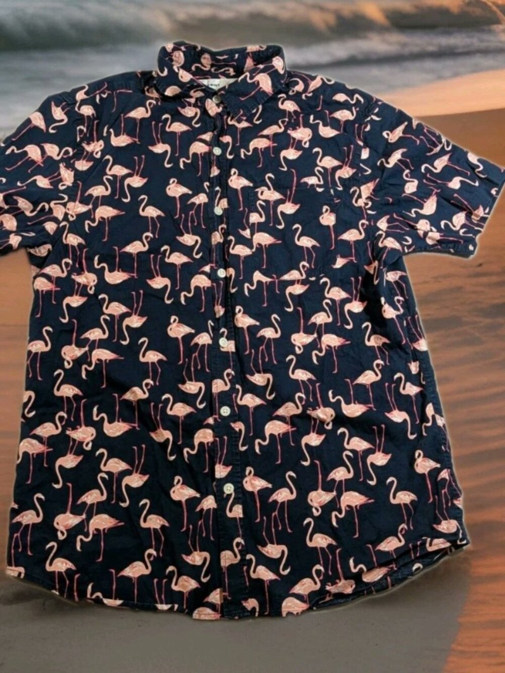 Dark Blue Old Navy Flamingo Button Down Shirt Size Medium Graphic Collared